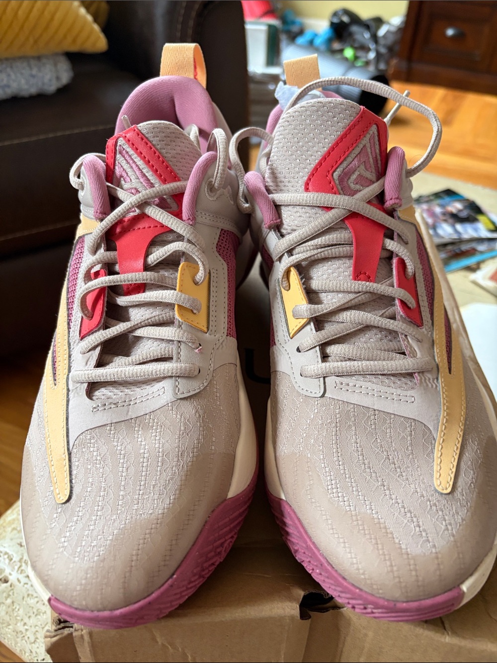 Nike Men's Athletic Shoes - Pink Beige with Coral & Yellow Accents
